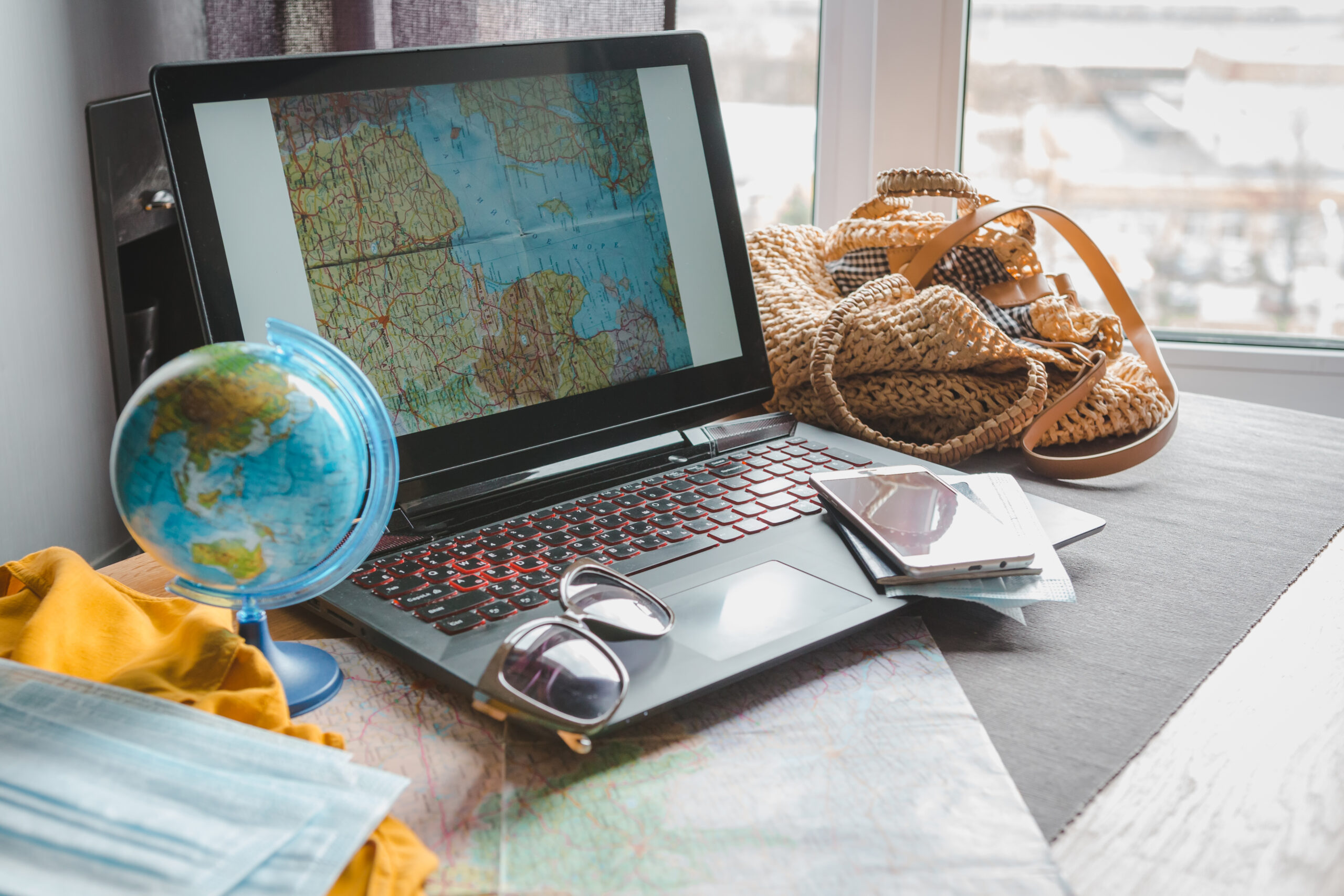 Travel. Online travel plans with Covid passport and Covid test. Traveling after quarantine, lockdown, covid 19. Staycation.local travel new normal.Tourism after border opening, quarantine end